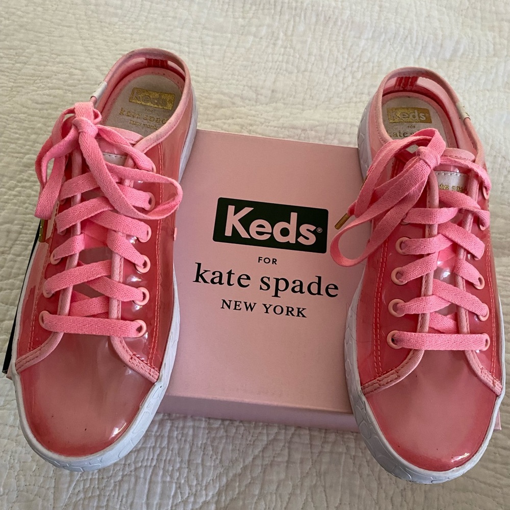 Kate spade sneaker mules, clear pink slip on’s
